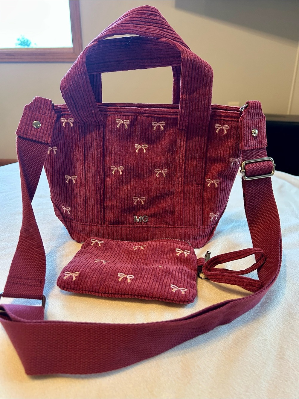 Madden Girl Corduroy Mini Tote with Crossbody Strap - Bow Embellishments - Picture 1 of 6